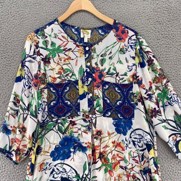 Fig And Flower Dress Womens Large Blue Multi Floral Shirt Tunic 1/4 Button Up - Picture 2 of 11